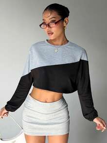 Gameset SHEIN Sport Color Block Round Neck Long Sleeve Cropped Loose Fit Fashionable Versatile Sporty Sweatshirt - Multicolor - View 1