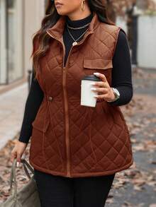 Calvaya Plus Size Women Drawstring Waist Cargo Pocket Casual Quilted Vest Jacket, Winter Clothes Fall Clothes, For Christmas Autumn Women Vest Brown Jacket Women Warm Clothes Women - Rust Brown - View 6
