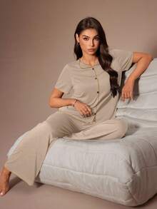 Lazeform Casual Lazy Style Women Short Sleeve Top And Pants Pajama Set - Apricot - View 7