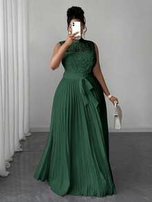 Maweii Váy ren xếp ly eo cao cổ không tay cỡ lớn - Màu xanh lá cây đậm - Xem 5