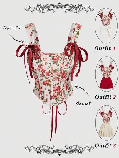 SHEIN MOD Women's Elegant Floral All-Over Print Fishbone Criss-Cross Strap Tank Top, Holiday, New Years, ,, New Year, Party, Prom, Festival & Birthday Celebrations, Elegant, Retro, Stylish