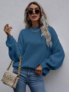 SHEIN LUNE Suéter de manga larga minimalista de unicolor y casual para mujer - Azul - Ver 4