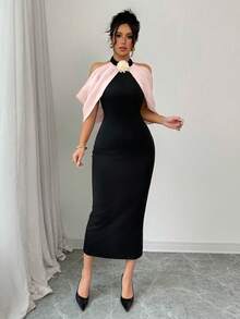 SHEIN Clasi 撞色3D花卉装饰露肩休闲连衣裙长款女装 - 黑色 - 查看 5