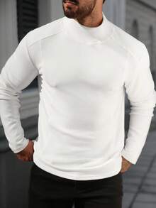 Manfinity CasualCool Men's Solid White Autumn Basic Casual Holiday T-Shirt,Mock Turtleneck Thermal Lined Patchwork Long Sleeve Winter Undershirt - White - View 5