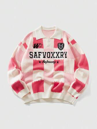 Men's Color Block Letter Preppy Embroidery Long Sleeve Sweater