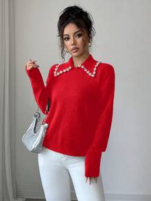 SHEIN Elenzya Aniusta 女士秋冬休闲上衣，适合度假、独立日、劳动节、哥伦布日、感恩节、情人节、复古街头风、斯德哥尔摩风、韩式风，优雅百搭，也适合约会、工作、教师、返校、哥特风、办公室穿着、商务休闲等场合，领口饰有装饰针织衫。 - Fiery Red - 查看 4