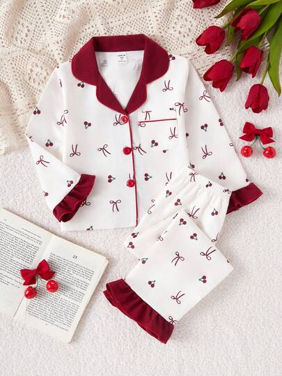 SHEIN 2pcs Young Girl' Sweet Cherry & Bow Print Long Sleeve Cardigan And Pants Set, Casual And Comfortable Loungewear