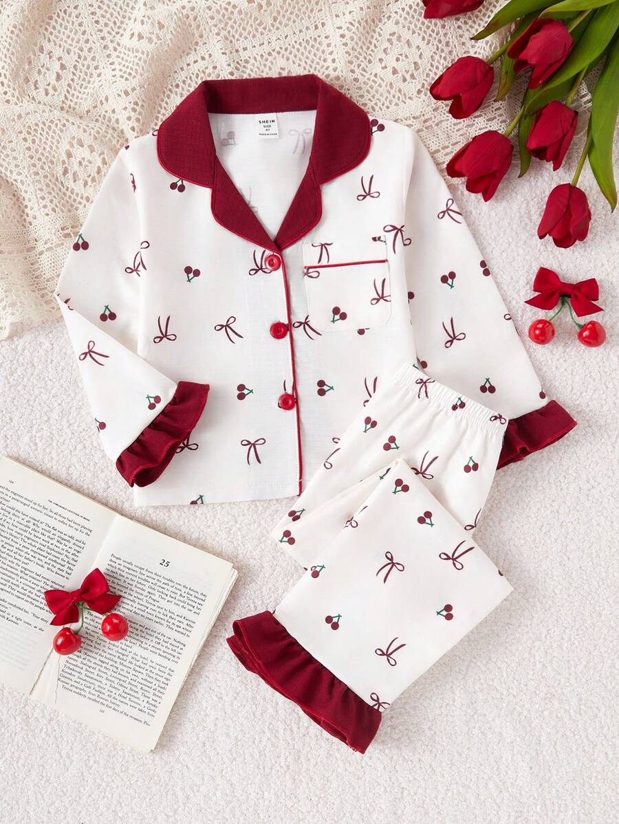 SHEIN 2pcs Young Girl' Sweet Cherry & Bow Print Long Sleeve Cardigan And Pants Set, Casual And Comfortable Loungewear - Multicolor - View 1