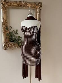 Lovelzi Elegantes luxuriöses Millennium Bombshell Stil Schulterfrei Kleid mit Strass-Verzierung, gestrickter Bandeau-Bodycon Mini-Rock, geeignet für Hochzeiten, Partys, Geburtstage, Einschulungsfeiern, Nachmittagstee, Ausstellungen, Geschäftsgäste und andere Anlässe - Geschenkkleid für Frauen, Mesh-Kleid - Braun - Übersicht 5