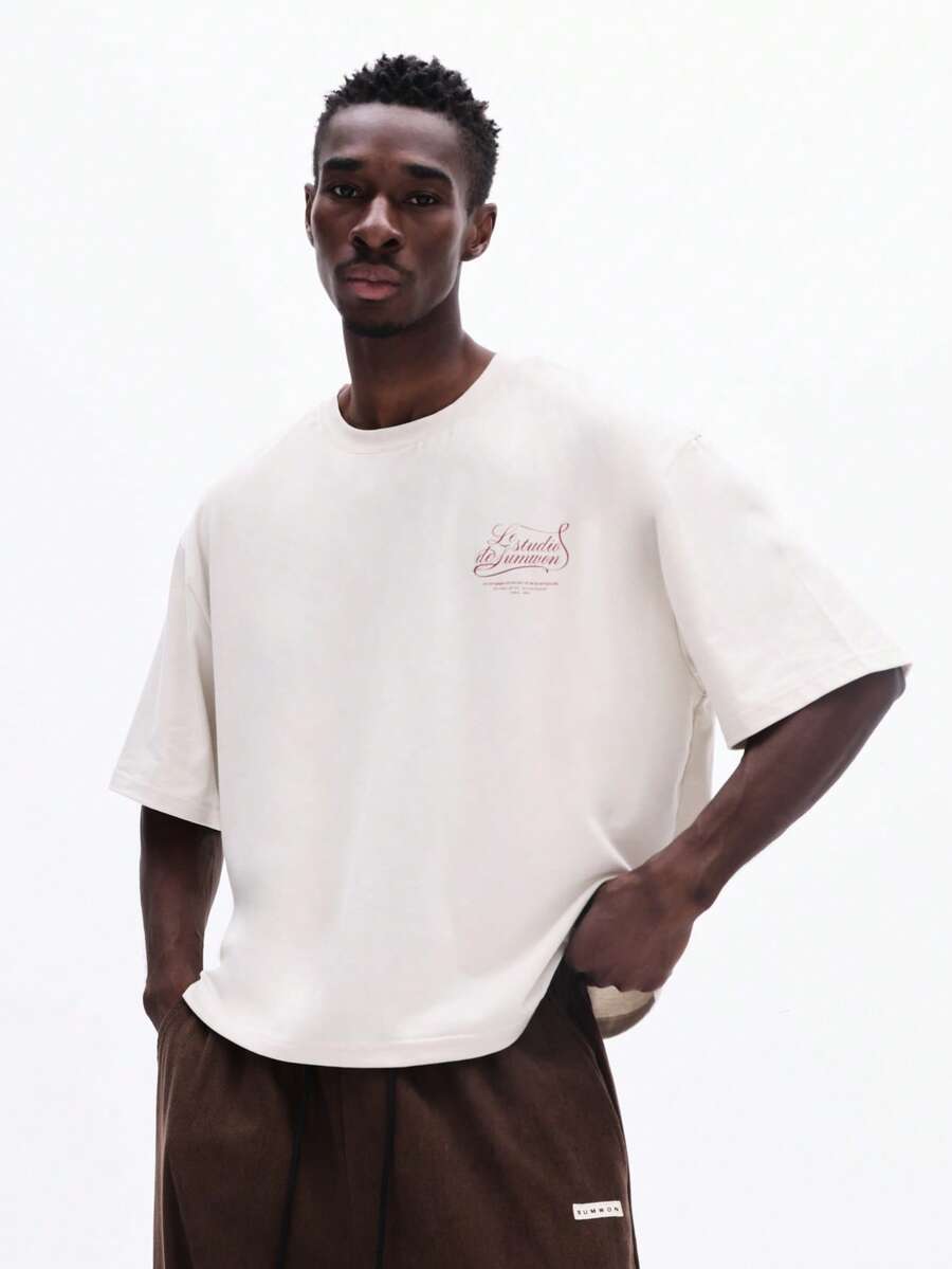 Áo thun SUMWON dáng rộng in họa tiết chữ nổi trên ngực, cổ tròn, tay ngắn, chất liệu cotton, phong cách đường phố, đô thị, mùa xuân hè, trơn. - Màu be - Xem 1