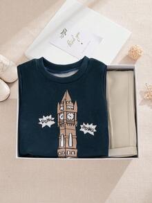 Souflis Souflis 2025 Autumn/Winter French Elegant School Bell Pattern Navy Blue Long Sleeve Top Paired With Khaki Warm Pants, Suitable For School, Gathering, Outing, Multi-Occasion Outfit, Toddler Boys Set Baby Boy Clothes Long Sleeve Baby Casual Sets Navy Infant Boys Outfit Baby Boy Long Sleeve Tshirt Baby Set Autumn Winter Fall - Navy Blue - View 10