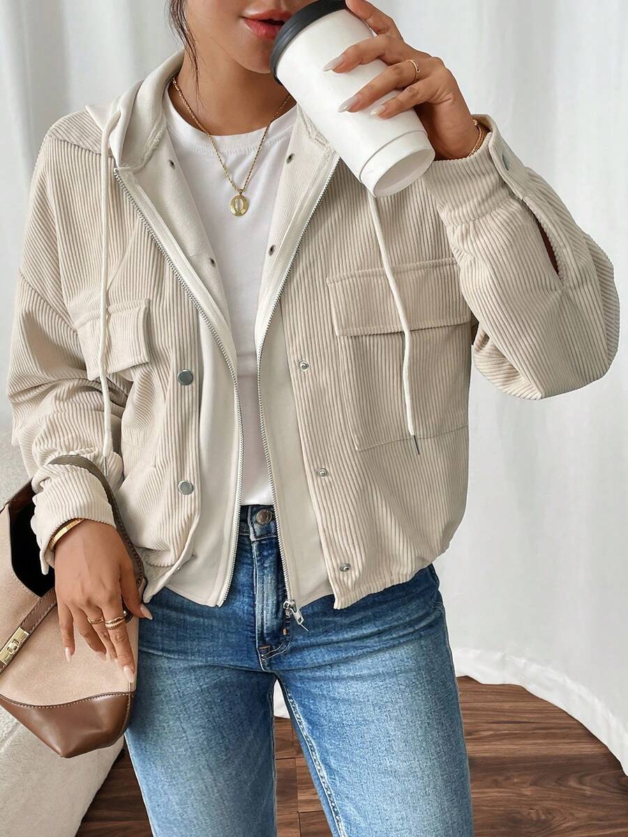 SHEIN Frenchy Women's Patchwork 2 In 1 Fleece Hoodie Jacket,For Autumn & Winter,Fall Outfits,Commute,Minimalist,Office,Old Money,Simple,Prom Ball/Uni/Halloween/Patterned Sweater/Patch/Schoolwear For Women/Halloween Sweater/Essentials/Christmas/Women's Office Attire/Basic/Cute. Casual - Apricot - View 1