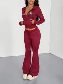 StreetHx Women's 2000s Style Casual Streetwear, Y2K Inspired Embroidered Pattern Loose Fit 2 Pieces Set, Long Sleeve, Autumn/Winter - Burgundy - View 4