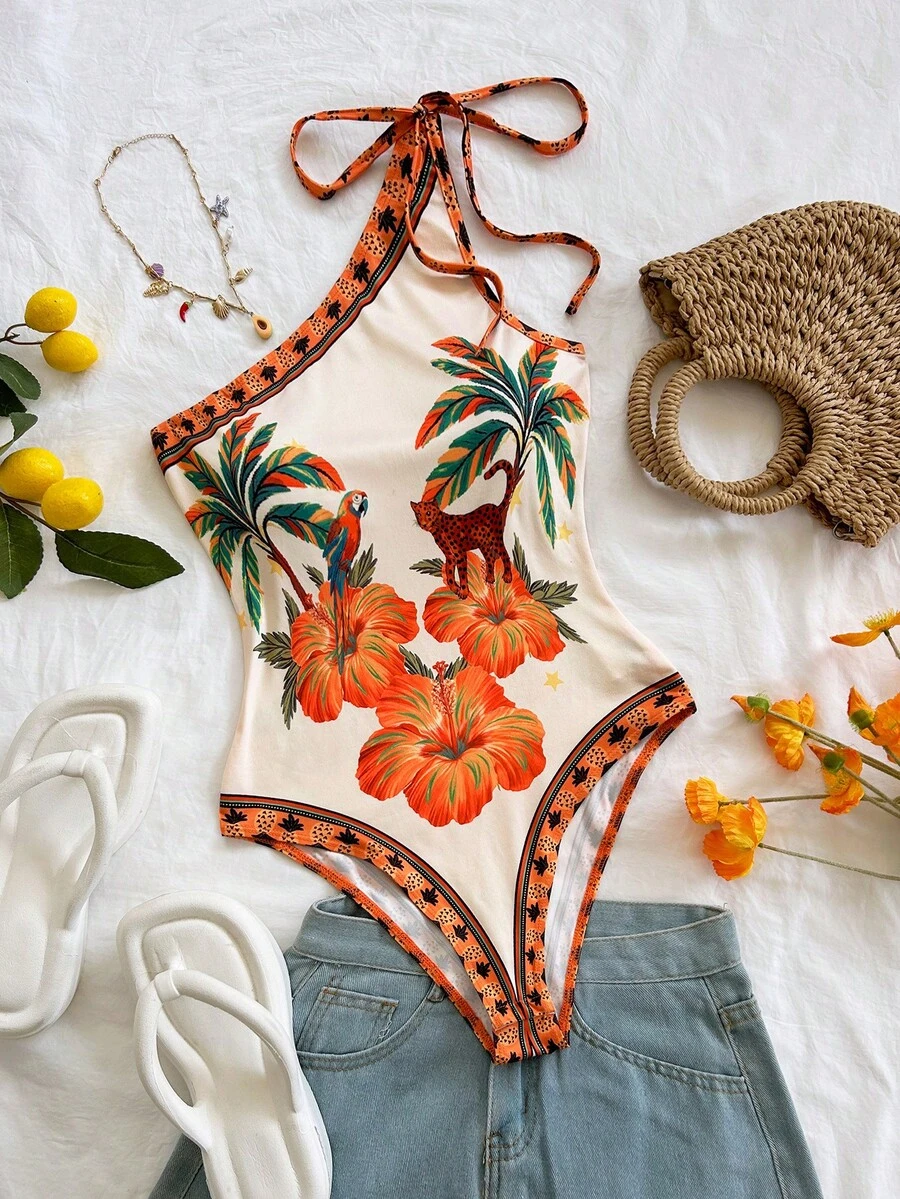 Soleia New Vacation Knit Printed Asymmetrical Shoulder Bow Bodysuit For Women Carnival, - Multicolor - View 1