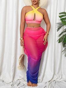 Slaydiva Ombre Print Sexy Ruched Ruffle Trim Swimwear Top + Bikini Bottom + Maxi Skirt Plus Size Swimwear Set - Multicolor - View 4