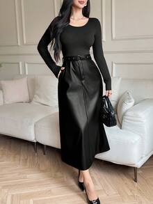 DAZY Women's Casual Contrast PU Leather Belted Long Dress, Suitable For Daily, Office, Commuting, Spring/Autumn - Black - View 4