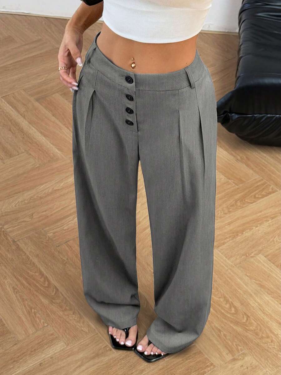 Flirla Pantalon décontracté de couleur unie pour femmes - Gris pâle - Voir 1