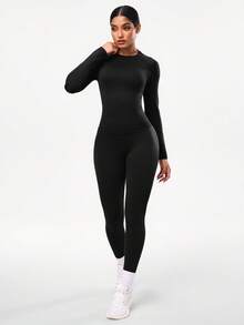 Seamluxe SHEIN Sport 女士无缝运动套装，专业户外健身夹克，紧身塑形瑜伽服，适合秋季穿着/专为户外跑步、瑜伽、普拉提和健身房锻炼设计/训练的理想之选 - 黑色 - 查看 5