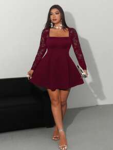 Viva Relle Plus Size Elegant Party Sweet Sexy Women Lace Stitching Bow Front Off Shoulder Long Sleeve A-Line Mini Ruffle Waist Dress, Party Dress, Birthday Party Dress, Elegant Evening Gown, Homecoming Dress, Valentine's Day Party Dress - Burgundy - View 7
