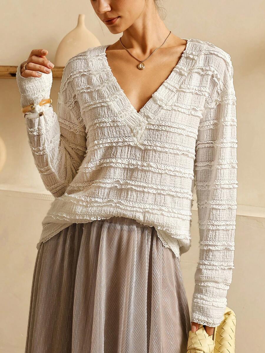 Lymera 女士商务休闲热销提花V领叠层长袖T恤，秋冬季 - 白色 - 查看 1