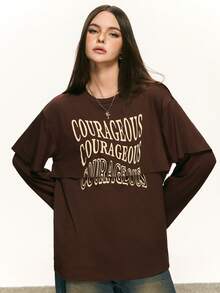 Rina Fox Women's Round Neck Casual Letter Pattern 2 In 1 Long Sleeve T-Shirt - Brown - View 3
