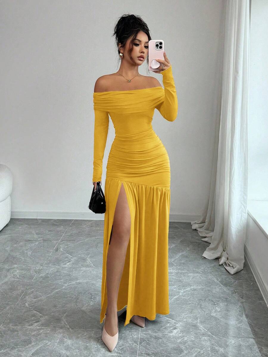 Elenzga Váy dệt kim dài tay ôm sát hở vai cổ điển thanh lịch dành cho nữ, mùa thu/đông, Halloween - Màu vàng - Xem 1