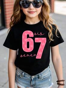 Sparklyn 夏秋女童休闲时尚创意个性清新简约别致数字67粉色星星图案字母标语印花舒适基础款短款T恤，温暖舒适的夏秋款式，适合女孩穿着。 - 黑色 - 查看 7