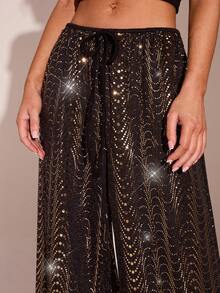 SHEIN Glamour 派对针织金属线黑色底金色亮片女裤，松紧腰喇叭裤，适合派对、舞台穿着 - 黑色 - 查看 6