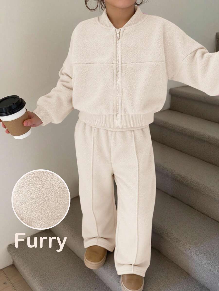 SHEIN 女童休闲针织蓬松纯色立领长袖卫衣套装，适合休闲、聚会、上学、秋冬季穿着。 - 米色 - 查看 1