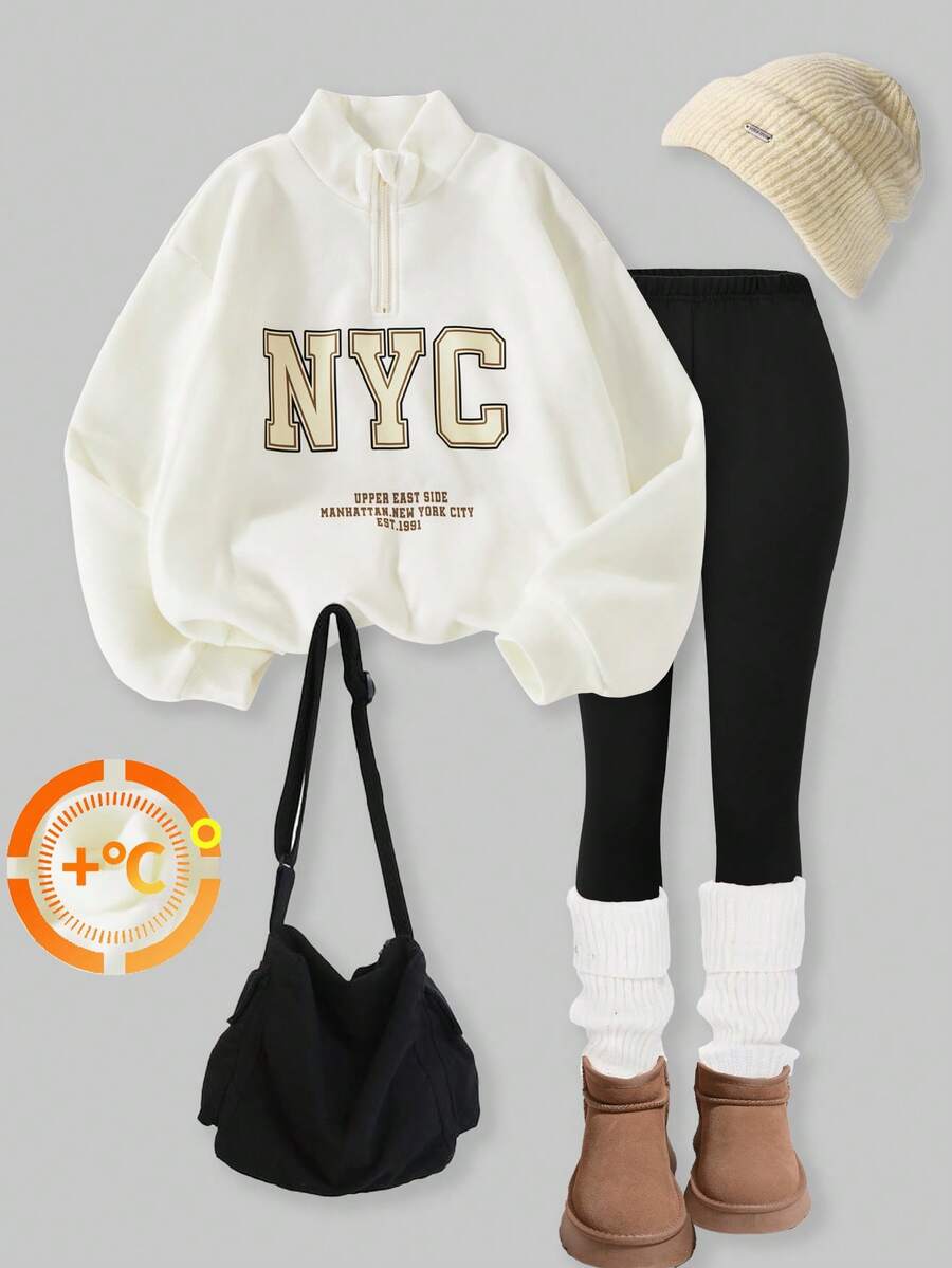 SHEIN ChillGRL 2件套青少年女孩休闲字母印花运动衫和紧身裤套装，秋冬