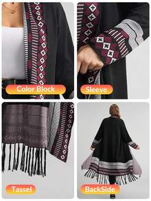 Comfylo كارديجان طويل للنساء بأكمام طويلة وهامش مزين بالشراريب، كارديجان فضفاض وكاجوال للنساء ذوات الحجم الكبير، ملابس خريفية للنساء - الأسود - مشاهدة 10