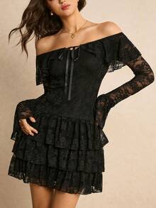 Poéselle 女士优雅纯色蕾丝露肩喇叭袖迷你连衣裙 - 棕色 - 查看 6