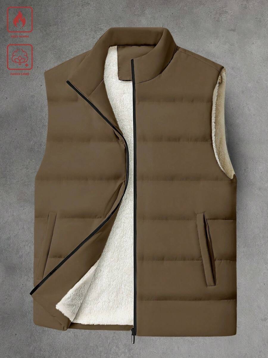 Manfinity Homme 男士棕色羽绒背心,常规长度,梭织面料,内衬舒适保暖,冬季穿着舒适。棕色背心,男士外套,男士夹克,冬季羽绒背心 - 棕色 - 查看 1