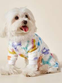 PETSIN 1pc Colorful Balloon Bear Print Pet Jumpsuit White Autumn And Winter Flannel Warm And Comfortable Pet Warm Clothes - Multicolor - View 4