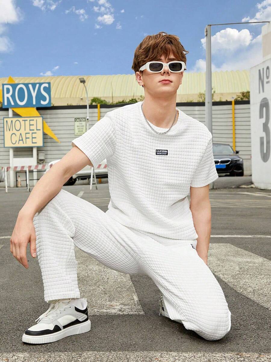 Fantacosmos 2入組青少年男生休閒字母印花短袖T恤和長褲，適用於夏季 - 白色 - 查看 1