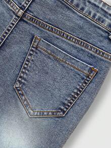 SHEIN Tween Boys Vintage Street-Style Ripped Distressed Multi-Pocket Elastic Fitted Denim Cargo Pants, School, Campus, College Summer Holiday,Unisex - Medium Wash - View 7