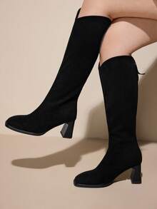 CUCCOO CURVES Women's Fashion Daily Wear Back Zipper Wide Calf High Heel Boots For Christmas - Black - View 3