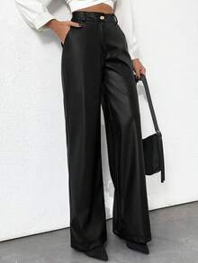 EURMUSE Gold Button Detailed Straight Fit Leather Pants - Black - View 5