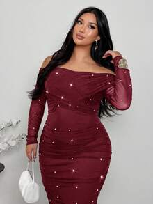 Firerie Váy maxi trễ vai màu đỏ tía thanh lịch đính ngọc trai nhún bèo tôn dáng, lãng mạn cho ngày lễ tình nhân dành cho nữ cỡ lớn - Màu Đỏ Sâu - Xem 4