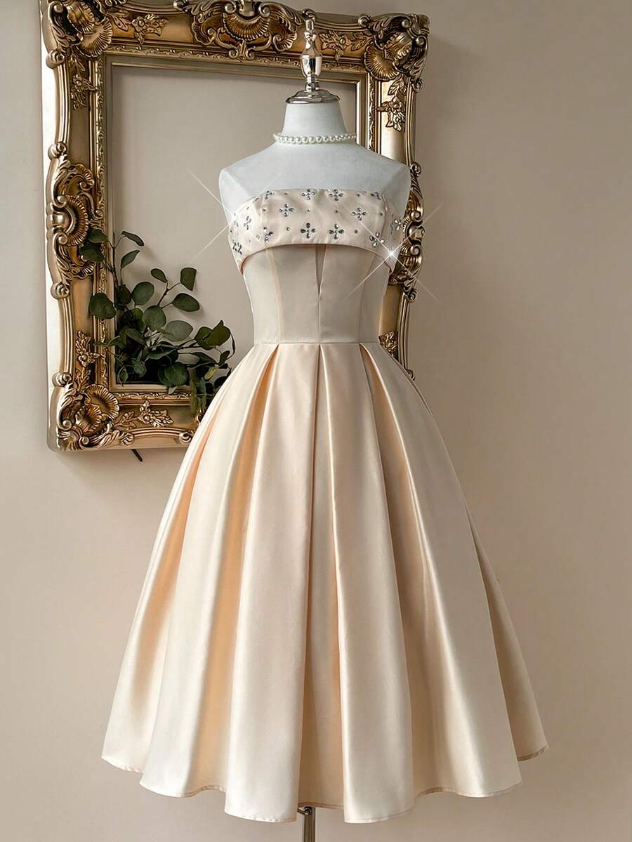 Lovelzi Váy dạ hội trang trọng bằng vải satin sâm panh sang trọng, thủ công đính đá Rhinestone