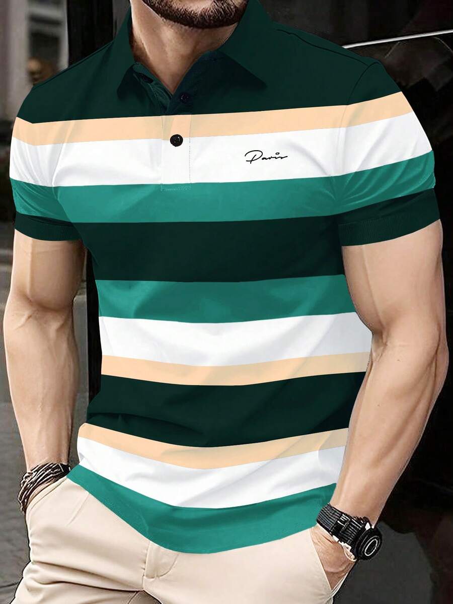Manfinity Homme 男士對比色短袖 Polo 衫,條紋休閒上衣,適合夏季高爾夫、老錢風日常休閒與週末旅行 - 彩色 - 查看 1
