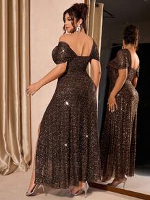 Vestido con hombros de malla con lámina metálica de nueva moda para mujer de talla grande - Marrón Mocha - Ver 2