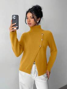 SHEIN Elenzya 女士优雅高领针织套头衫，金属纽扣装饰，纯色长袖圣诞红毛衣，秋冬款 - 黃色 - 查看 5