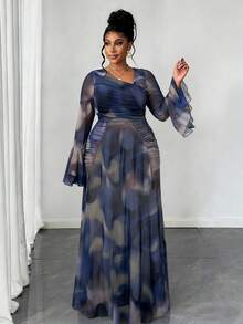 Maweii Vestido longo de manga comprida com ombro assimétrico, plissado, semitransparente e digital, para mulheres plus size, ideal para primavera/outono/inverno