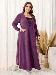 Lacomfia Váy mặc nhà thường ngày kẻ caro chắp vá cỡ lớn dành cho nữ, Thu/Đông - Màu tím - Xem 5