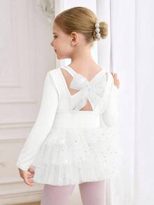 女童长袖芭蕾舞裙，白色网纱泡泡裙儿童舞蹈服运动服