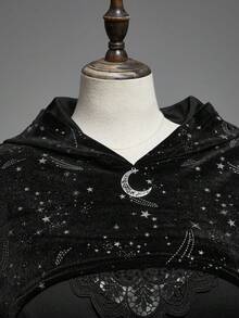 ROMWE Goth 大码哥特式星月亮片羊毛装饰短款优雅闪亮外套，适合秋季穿着；大码女式秋冬黑色连帽短款长袖卫衣；大码黑色连帽卫衣，适合秋冬穿着；哥特风短款上衣，适合圣诞节穿着。 - 黑色 - 查看 3