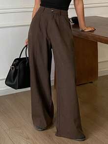 DAZY Women's Loose Solid Color Wide Leg Pants, Casual Street Style, Autumn/Winter - Brown - View 1