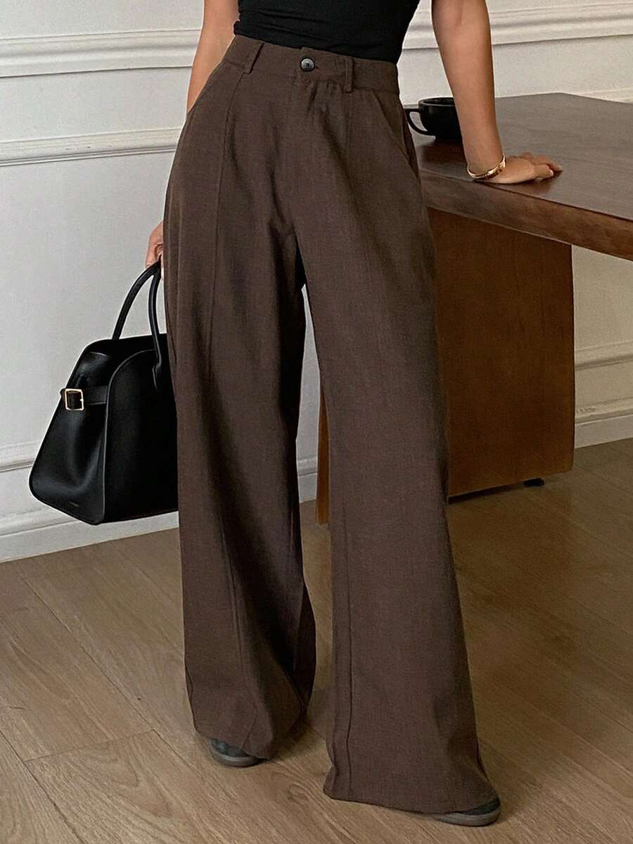 DAZY Women's Loose Solid Color Wide Leg Pants, Casual Street Style, Autumn/Winter - Brown - View 1