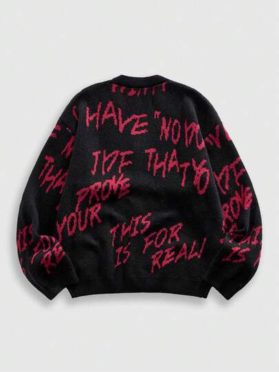 Street Life Men's Contrast Color Graffiti Style Black Cardigan Sweater